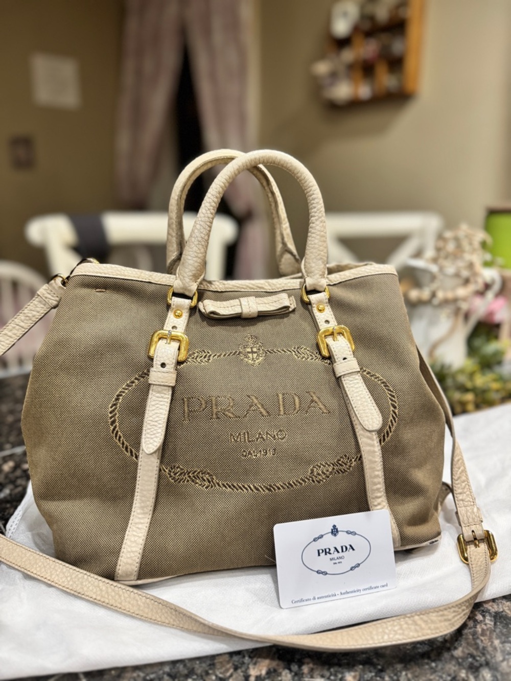 AUTHENTIC PRADA logo convertible tote canvas with leather medium - Picture 5 of 16